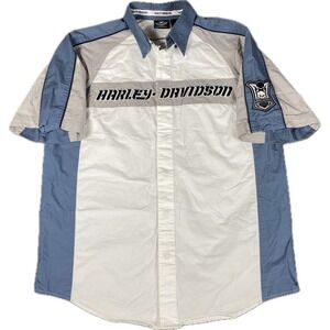 Harley-Davidson Mens Shirt L White Blue Colorblock Embroidered Skull Biker Vtg